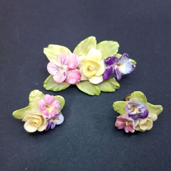 Vintage Bone China English Floral Demi-Parure Painted Earrings and Brooch Set - Picture 1 of 5
